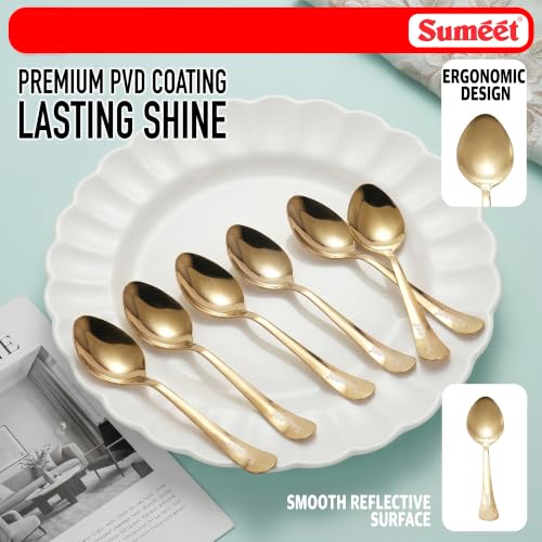 Image of Sumeet Stainless Steel Golden Dessert /Table Premium Spoon Set of 6 Pc - (18cm L) (1.6mm Thick)