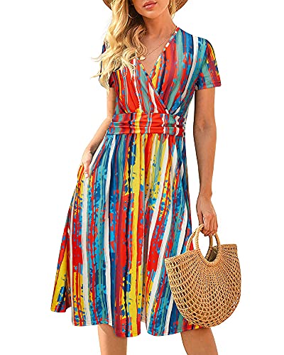 Image of Newshows Womens Summer Short Sleeve Casual Dresses V Neck Floral Vacation Sundress Faux Wrap Midi Dress with Pockets