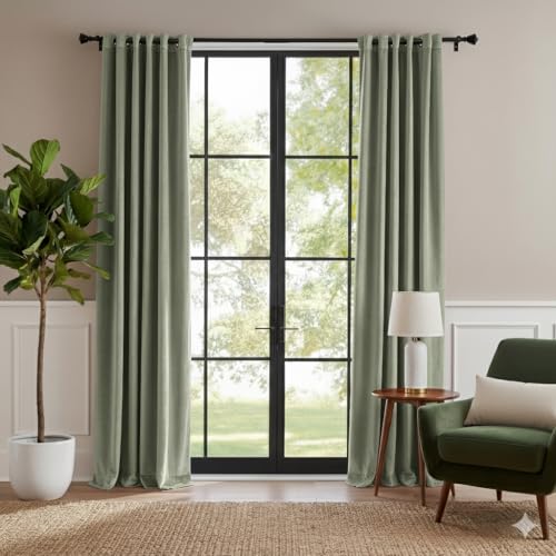 RYB HOME Sage Green Velvet Curtains 102 inches for Bedroom Living Room