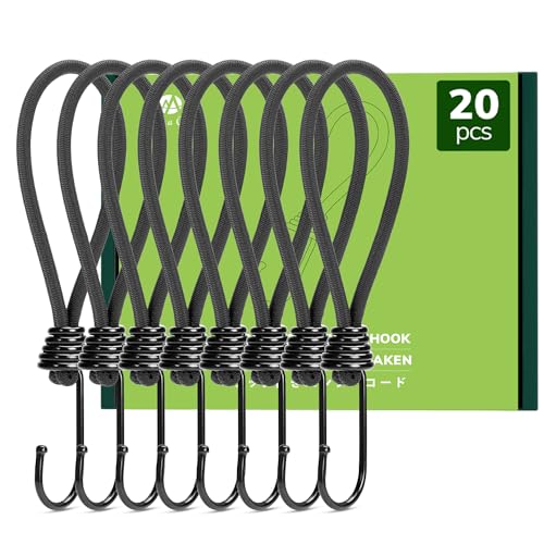 Abma Cord Bungee Cords with Hooks 18cm 20Pcs Small Bungee Ropes with Hooks Elastic Bungee Loops for Tarpaulin Tent, Camping