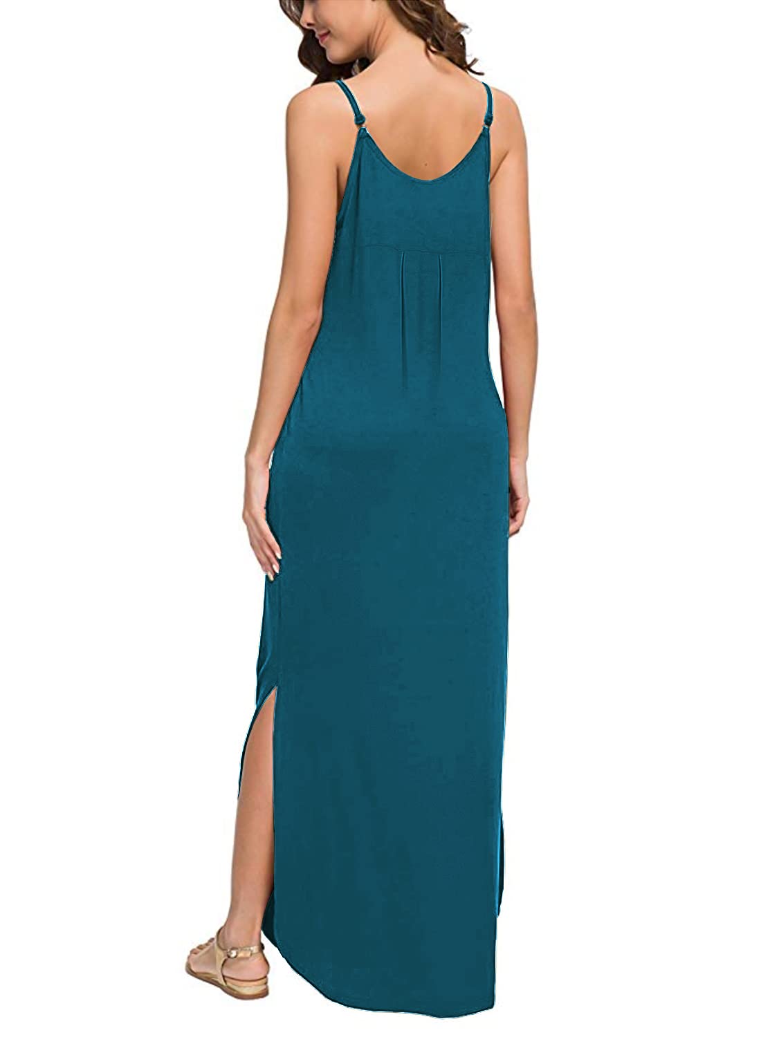 HUSKARY Vestido de Verano para Mujer, Informal, sin Mangas, Cuello en V, Tirantes Sueltos, Vestido de Playa, Vestido Largo con Bolsillo