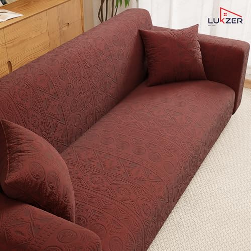 Image of Lukzer 4 Seater Pastel Deep Maroon Tribal Pattern Sofa Cover | 240 GSM Universal Stretch Fit Jacquard Fabric Couch Protector | Fully Covered Anti Slip & Washable Sofa Cover (230-300cm /SC-135-04)