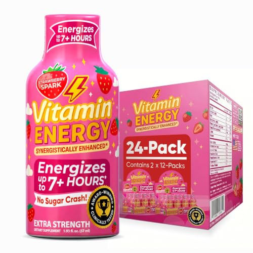 Image of Vitamin Energy Strawberry Spark Extra Strength Energy Shot, 24 Pack - Up to 7 Hrs, 260mg Natural Caffeine, Zero Sugar - Green Tea Extract, Immune Support, B12 B6 Niacin, 1.93 fl oz, Keto Vegan