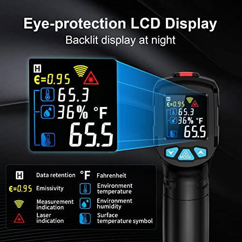 Foto von Infrarot Thermometer MESTEK Temperaturmessgerät Digital Laser Thermometer IR Pyrometer Gun -50°C ~ 800°C Berührungslos mit Farbe lcd Einstellbarer Emissionsgrad Küche Grill Gefrierschrank Industrie