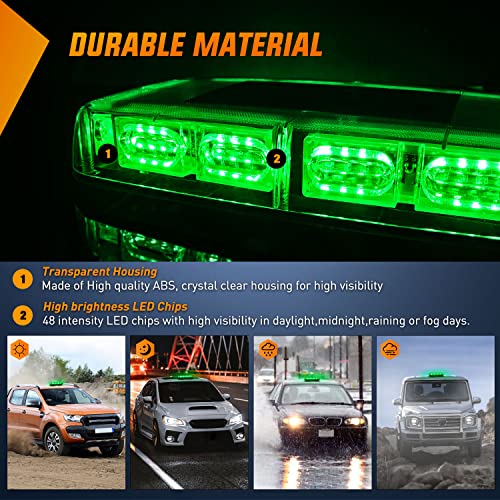 Image of Nilight 12 Inch Roof Top Strobe Lights Magnetic Mount | Green Hazard Light Emergency Safety Warning LED Flashing Light Bar 48LED 12V 24V for Cars Trucks Snow Plows