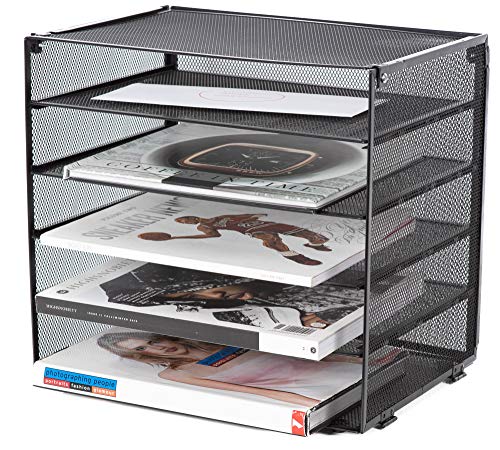 Klickpick Office 5 Tier Stackable Heavy Duty Metal Desktop Letter Tray File Organizer Sorter Desk Document Organizer Shelf Tray Magazine Holder Paper File Newspaper Organizer Tray - Black