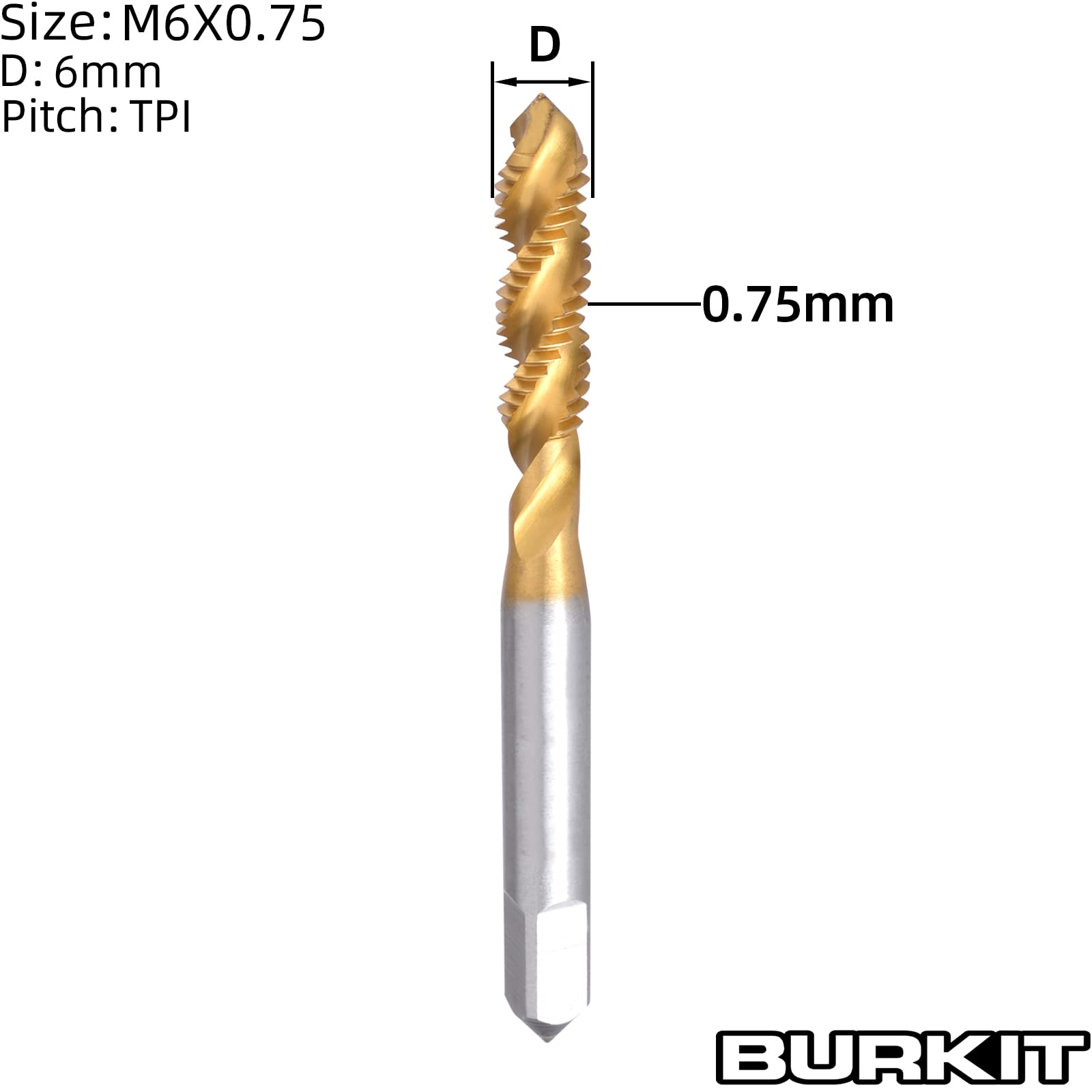 Burkit M6 X 0.75 Spiral Flute Tap, HSS Titanium Coated Spiral Flute Plug Threading Tap M6 x 0.75