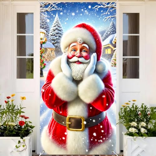 Image of BlissYard Christmas Door Cover Decoration Surprised Santa Snowy Scene 35x71 Inches Front Door Banner Xmas Hanging Decor for Home Holiday Christmas Photo Backdrop Winter Festival Supplies