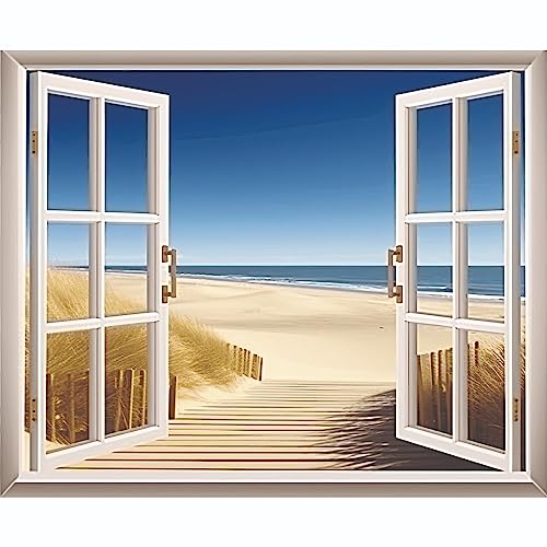 Sticker Trompe l’oeil Fenêtre Sable | adhésifs Effet 3D | Stickers muraux Chambre adulte - Sticker Mural 3D - Vue panoramique - Adhesif Mural Trompe l'oeil...