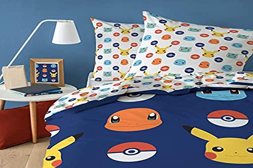 CTI Pokemon Badges Parure de Lit Housse de Couette Enfant 1 Personne 140x200 cm + 1 Taie d'oreiller 63x63 cm Imprimées Réversibles | 100% Coton | Oeko-TEX, Bleu Nuit