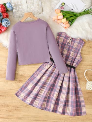 Image of PureChapter Girls' Preppy Clothes Plaid Vest Dress Cardigan Jacket Belt Cute Kids Clothes 7-14Y Green