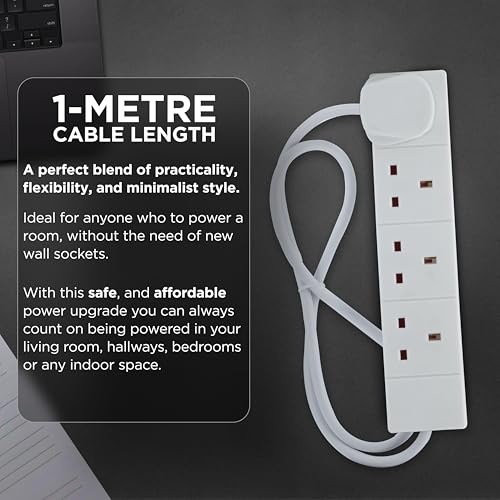 STATUS 4 Way Socket Extension Lead, 1m Cable Multi-Plug Power Strip for Home & Office Use, Wall Mountable in White (4WS1M20) - Image 3