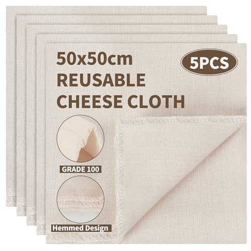 5PCS Cheesecloth Grade 100 Unbleached Muslin Cloths for Cooking Reusable Ultra Fine Cheese Cloths Washable Hemmed Straining Cloth for Filtering Nut Milk Butter Juice Tea Coffee (50 x 50 cm)