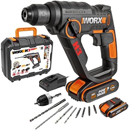 WORX WX390.1 SDS-plus Bohrhammer 20V, inkl. 2x 2Ah Akkus & Ladegerät | 1,2 Joule Schlagenergie, Bohrmaschine mit pneumatischem Hammerwerk zum Schrauben, Bohren und Hämmern