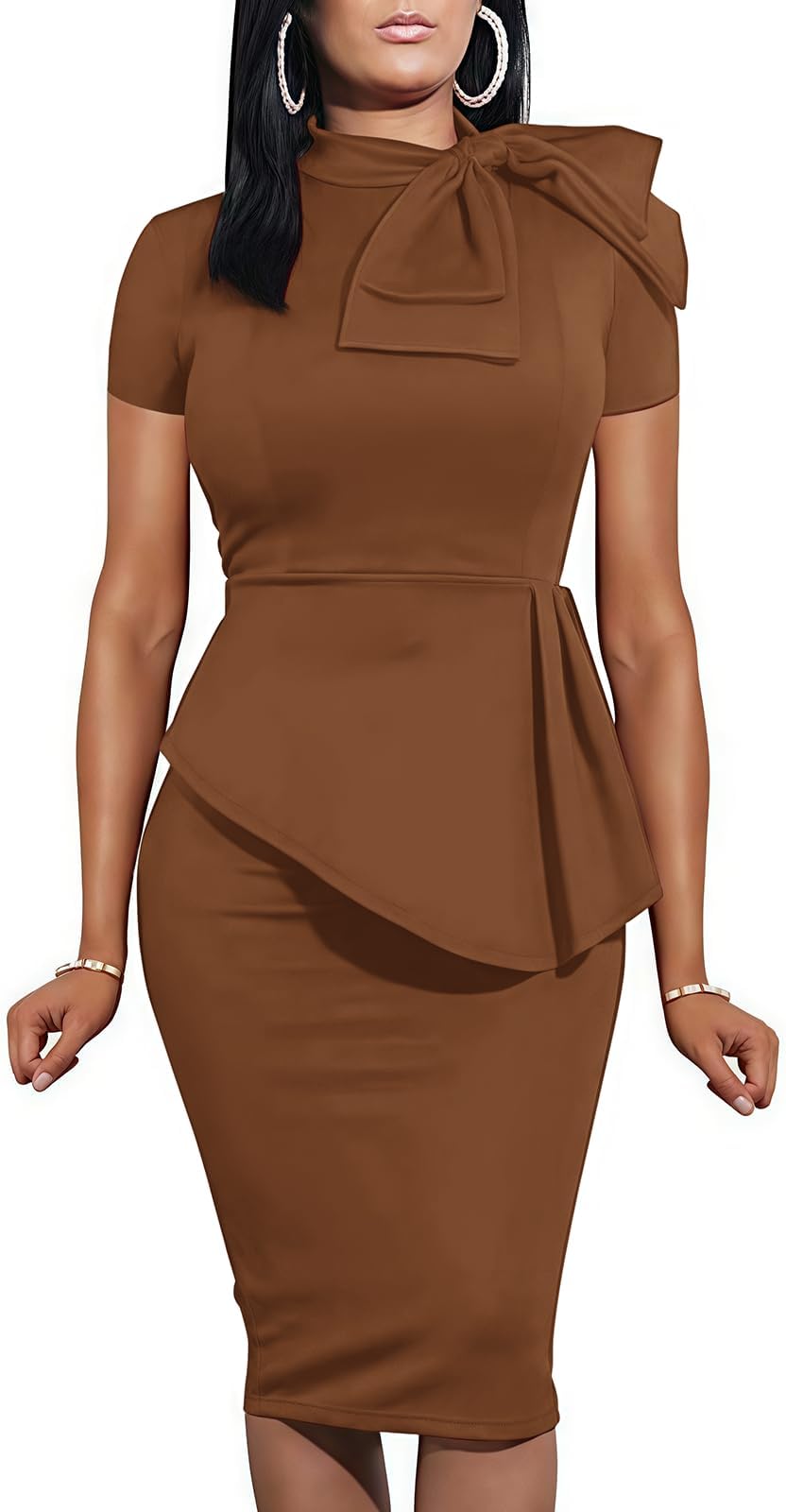 Women's Fashion Peplum Bodycon Short Sleeve Work Dresses Bow Club Ruffle Pencil Formal Cocktail Dress