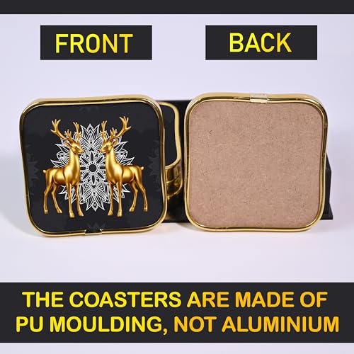 Image of Goelite Stylist Modern Wooden Coasters with Golden Border, Set of 6 with Stand, Handmade for Tea Cups, Coffee Mugs, Beer Mugs, 10 x 10 cm (Deer Pattern)