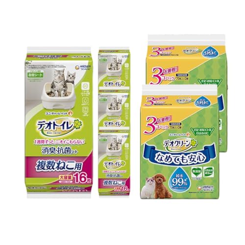 デオトイレ 複数ねこ用 消臭抗菌 シート 16枚×4 デオクリーン 純水99% ウェットティッシュ 詰替用 (70枚×3個P)×2 ペットシーツ ペットシート トイレ 猫 ペット 清潔 ユニチャーム 愛猫用 ペット用品