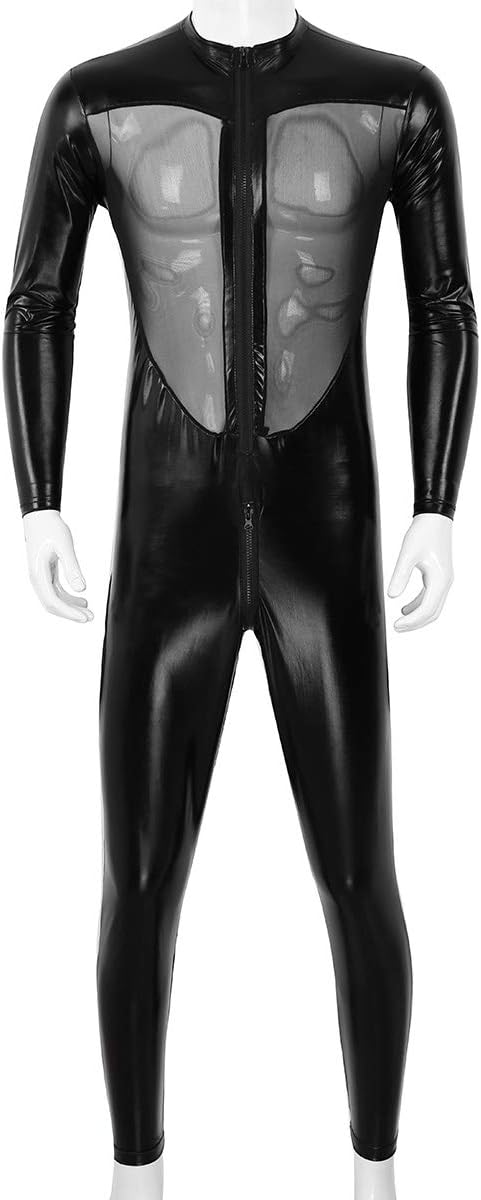 Agoky Men's Metallic Long Sleeve Mesh Splice Wrestling Singlet Zentai Bodysuit Unitard Catsuit