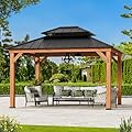 Modern Shade Rosewood Wood Gazebo 11' x 13', Cedar Framed Grill Gazebo with Double Galvanized Steel Roof, Permanent Hardtop Pavilion with Sturdy Hooks for Garden, Backyard, Patio, and Deck