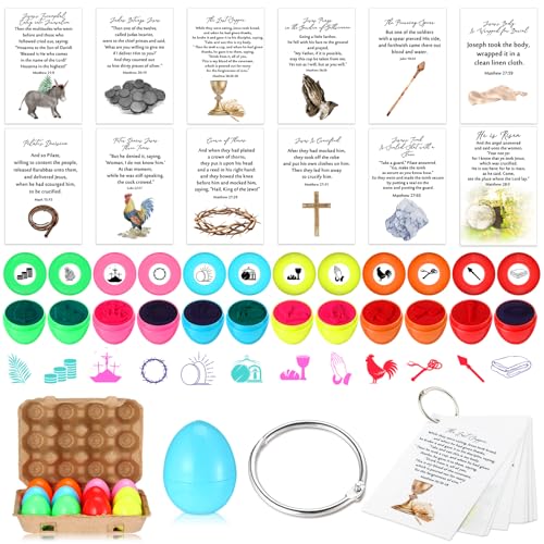 Chiisong Christian Easter Gifts for Kids, 12 Self Ink Resurrection Easter Eggs Stamps with 12 Religious Story Cards for Basket Stuffers Sunday School Egg Hunt Favors Classroom Prize