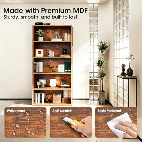 Image of HealSmart 5 Tier Bookcase, Industrial 5 Book Shelf, 9.2 inch D x 23.8 inch W x 53 inch H Tall Open Cube Storage Organizer for Home Office, Living Room, Bedroom and Dinning Room, Brown