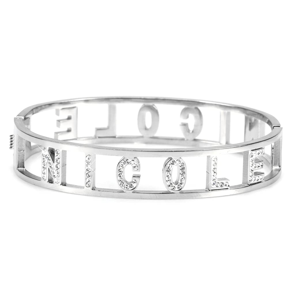 Flowers Bracciale Rigido Acciaio con Nome Vari e Zirconcini Sacchettino in Tessuto Scritta Nome ricoperta di Strass Brillantissimi Bracciale a Manetta Donna Chiusura a Molla Idea Regalo