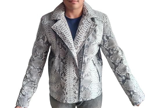 Genuine Python Snakeskin Leather Motorcycle Jacket - Natural Gray Color