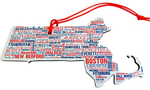 Massachusetts Ornament with City Names Wooden Christmas Tree Decoration, 5 Inch