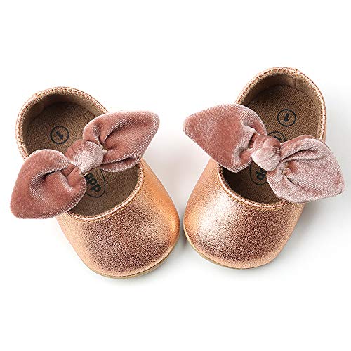 COUCOU Infant Baby Girls Mary Jane Flats with Bowknot Anti-Slip Rubber Soft Sole Toddler First Walkers Newborn Princess Dress Crib Shoes(JYM1829 Gold,3)