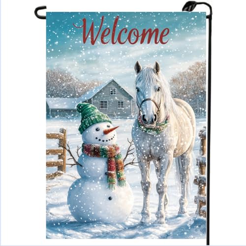 Winter Horse Snowman Garden Flag 12x18 Double Sided for Outside