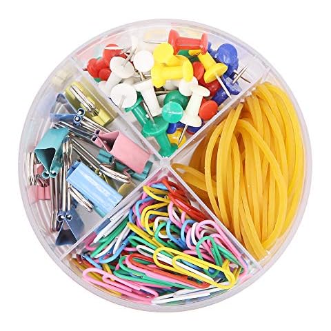 4 in 1 Round Box Clip Stationery Set Includes Colored Binder Clips Rubber Bands Paper Clips Pushpins for School Office Supplies,Total 205 Pcs Cover
