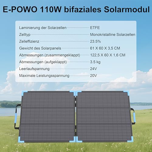 E-POWO 220W faltbares Bifacial Solarpanel, 23,5% Wirkungsgrad – Komplettset inkl. Ständer, IP68 wasserdicht für Powerstation, Camping, Wohnmobil, Garten & Blackout-Vorsorge