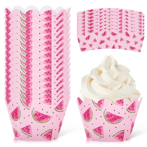 Whaline 36Pcs Watermelon Cupcake Wrappers Watercolor Pink Watermelon Cupcake Liners Decorative Dessert Holders For Summer Birthday Baby Shower Summer Dessert Decor