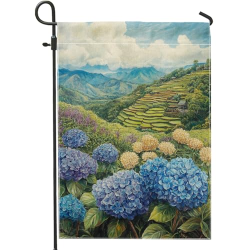 Printemps Été Hortensia Jardin Drapeau Paysage Floral Bleu Bannière De Décoration De La Maison, Drapeau De Toile De Jute Double Face Décoration De Pelouse Extérieure, 12 x 18 Pouces