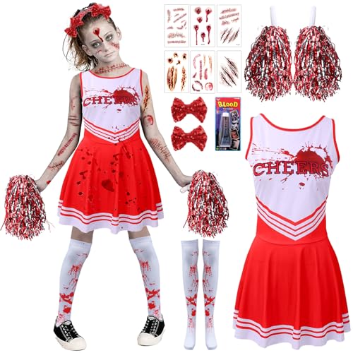 Zombie Cheerleader Costume Kids, Bloody Zombie Cheerleader, Fancy Kids Cheer-leader Costume with Cheer-leader Pom Poms Hairband Socks Scars Tatoo Fake Blood, Special Halloween Costumes for Kid Party
