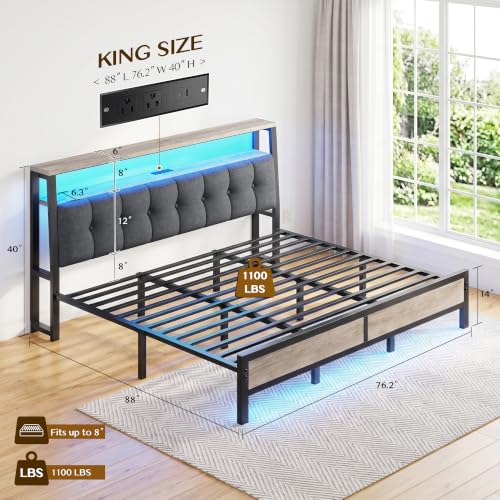Image of Homkdom King Bed Frame with Upholstered Headboard & Charging Station