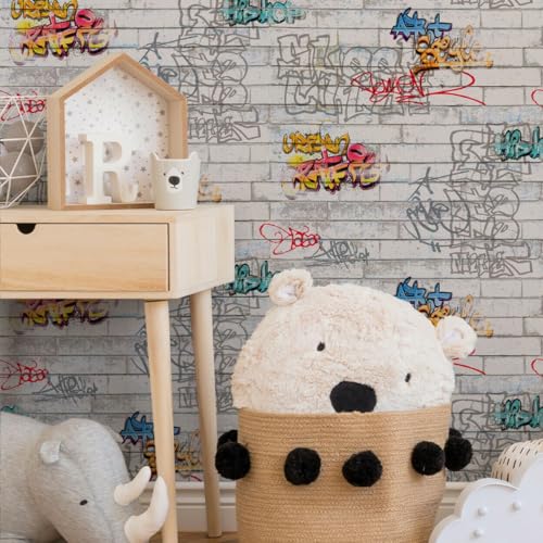GAULAN 451689 - Papel pintado con estilo urbano de muro de ladrillos con grafiti para pared habitación juvenil cuarto niño niña - Rollo de 10 m x 0,53 m