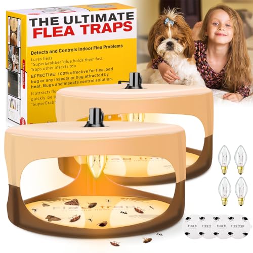 Flea Trap for Inside Your Home, Flea Light Traps with 2 Glue Discs Odorless Natural Fleas Killer Trap Pad Bed Bug Traps Light Bulb Pest Control for Home House Inside, Safe for Children Pet Dog Cat