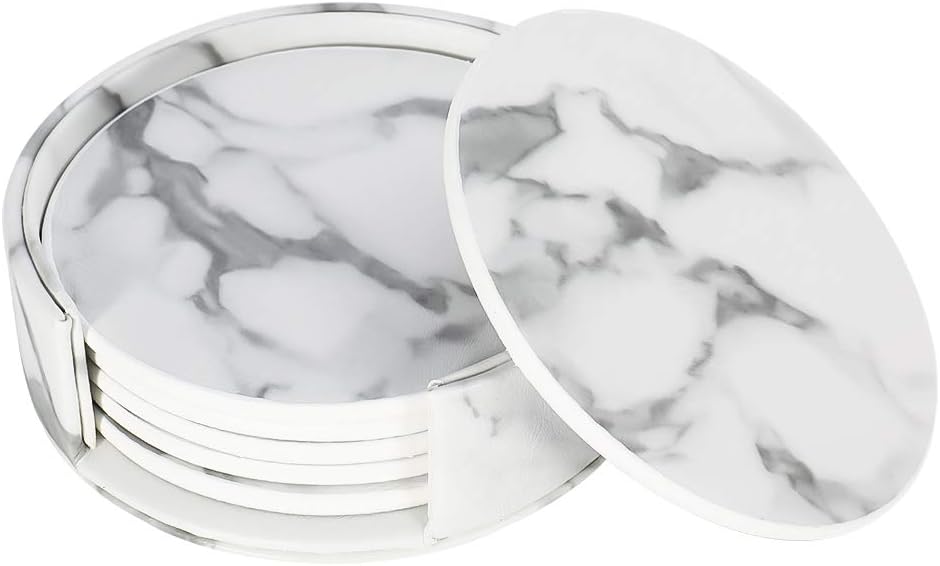 Marble Coasters Set of 6 Coasters with Holder for Drink Marble Placemats White Cup Mats Suitable for Kinds of Cups PU Leather Heat Resistant Tables & Home Decor Round