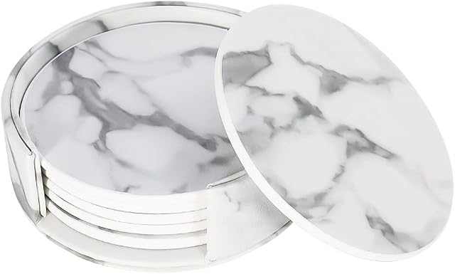 lovingmona Marble Coasters Set of 6 White Coasters for Drink with Holder Round PU Leather Heat Resistant Cup Mats for Coffee Beer Tea Mug Wine Glass Pub