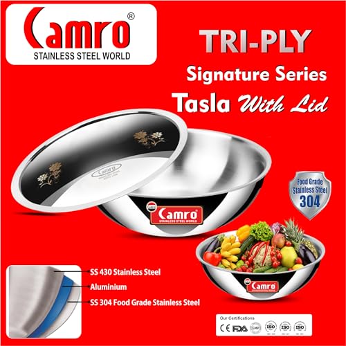 Image of Camro Triply Artisian Tasla (1.2 Liters, 20 Cm) with Steel Lid | Stainless Steel Induction Friendly | 3-Layer Body, Dishwasher Safe | 6 Years Warranty