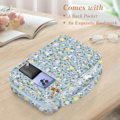Image of FINPAC Bible Cover, Carrying Book Case Church Bag Bible Protective with Handle and Zippered Pocket, Gift for Men Women Mother Lady, Floral Dusty Blue, 11 inch x 8 inch x 2.3 inch inches