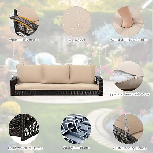 Image of Outdoor Swing Without Stand for Balcony, Garden Three Seater | Weather Resistant Rattan & Wicker Hammock Jhula for Adults (Brown 3 Seater)