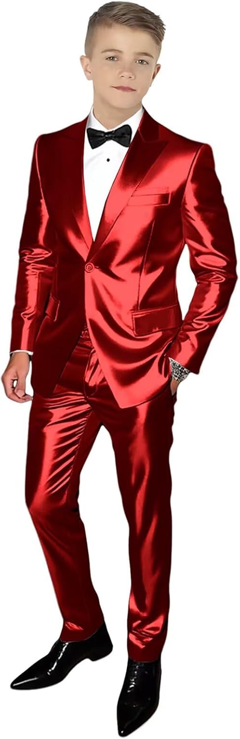 Boy's Satin Suits 2 Piece Casual Shiny Suits for Boy with Jackets and Pants for Prom Party Wedding