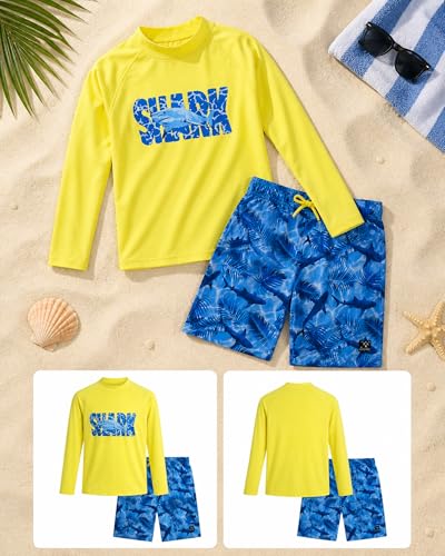 Image of Big Chill Boys Rash Guard Set - 2 Piece UPF 50+ Boys Swim Trunks & Long Sleeve Boy Swim Shirt Youth Bathing Suit Swimwear Set