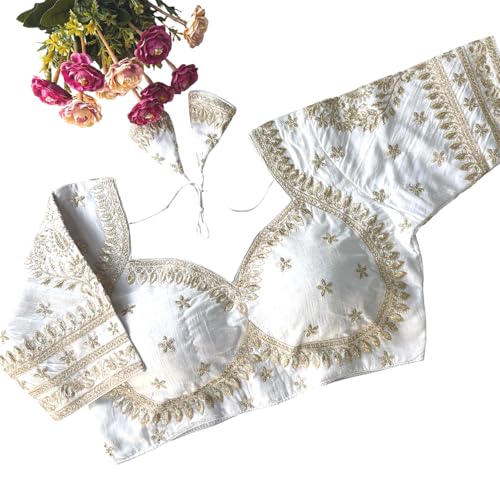 Atibha Fashion Traditional Readymade Designer Round Neck Vichitra Silk Elbow Length Saree Blouse with Gold Embroidery, Floral Design, Tie-Back Style (White, 36)