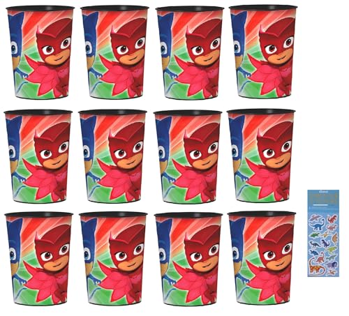 PJ Masks Birthday Party Supplies Bundle includes 12 Plastic Reusable Cups 16oz, 1 Dinosaur Sticker Sheet