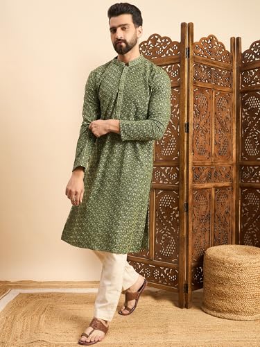 Image of Amazon Brand - Tavasya Men Rayon Geometric Embroidered Mandarin Collar Straight Kurta