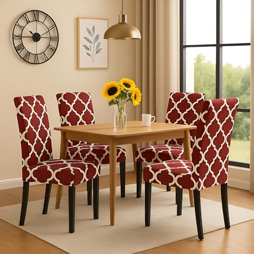 Image of Dining Chair Covers Set of 4, Stretchable Removable Washable Anti-Slip Universal Fit Printed Polyester Spandex Slipcovers (Red Diamond)