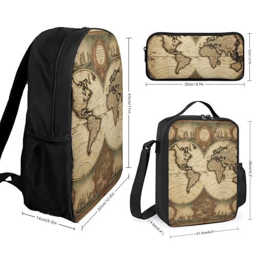 3 Piece Backpack for Women Men Lightweight Causal Daypack Shoulder Bag Set with Insulated Lunch Bag And Pencil Case Organizers Old Map2